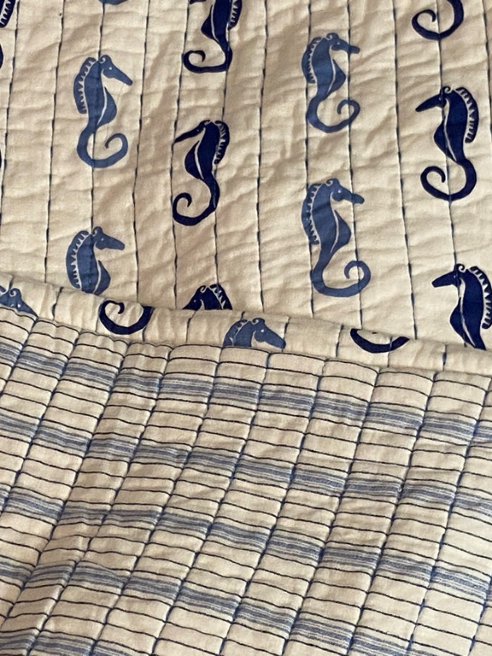 2 Sigrid Olsen cotton Blue white Seahorse Quilted king pillow shams Beach Bistro